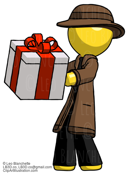 Yellow Detective Man Presenting A Present With Large Red Bow On It #3406