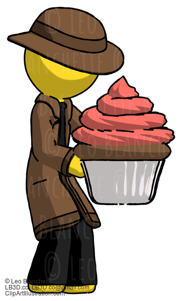 Yellow Detective Man Holding Large Cupcake Ready To Eat Or Serve #3408