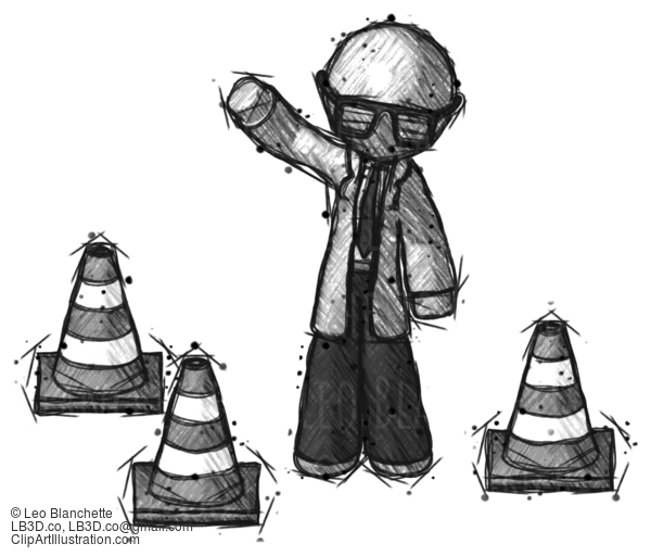 Sketch Doctor Scientist Man Standing By Traffic Cones Waving #110