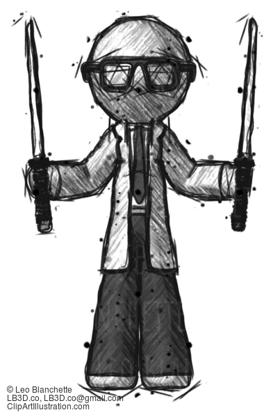 Sketch Doctor Scientist Man Posing With Two Ninja Sword Katanas Up #117