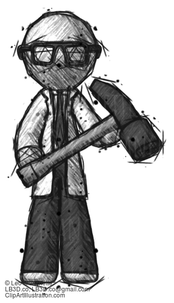 Sketch Doctor Scientist Man Holding Hammer Ready To Work #136