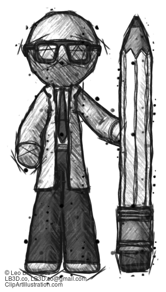 Sketch Doctor Scientist Man With Large Pencil Standing Ready To Write #146