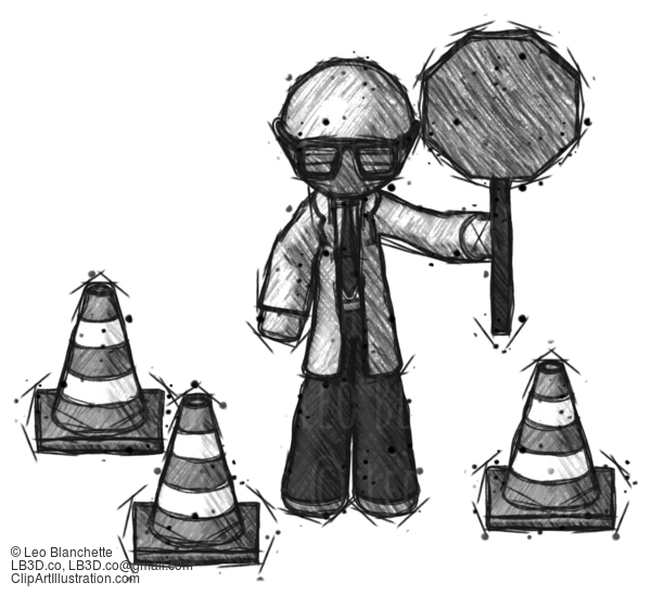 Sketch Doctor Scientist Man Holding Stop Sign By Traffic Cones Under Construction Concept #179