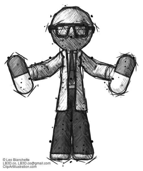 Sketch Doctor Scientist Man Holding Pills #182