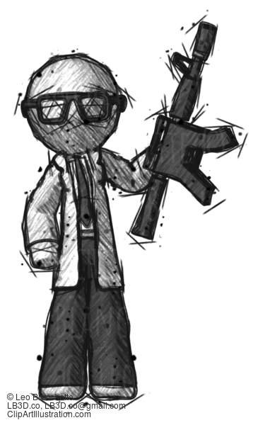 Sketch Doctor Scientist Man Holding Automatic Gun #197