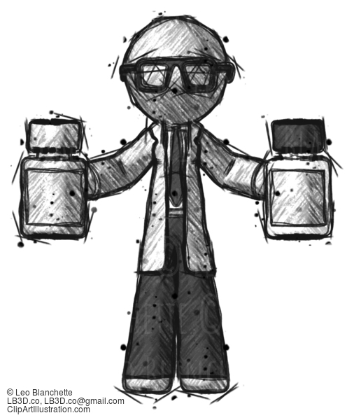 Sketch Doctor Scientist Man Holding Two Medicine Bottles #217