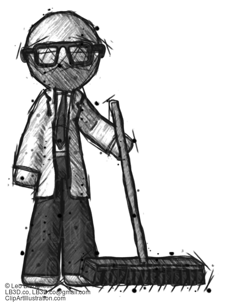 Sketch Doctor Scientist Man Standing With Industrial Broom #221