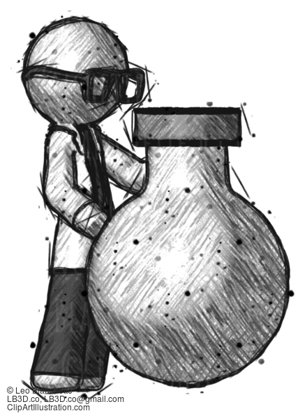 Sketch Doctor Scientist Man Standing Beside Large Round Flask Or Beaker #256