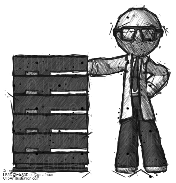 Sketch Doctor Scientist Man With Server Rack Leaning Confidently Against It #257