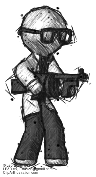 Sketch Doctor Scientist Man Tommy Gun Gangster Shooting Pose #261