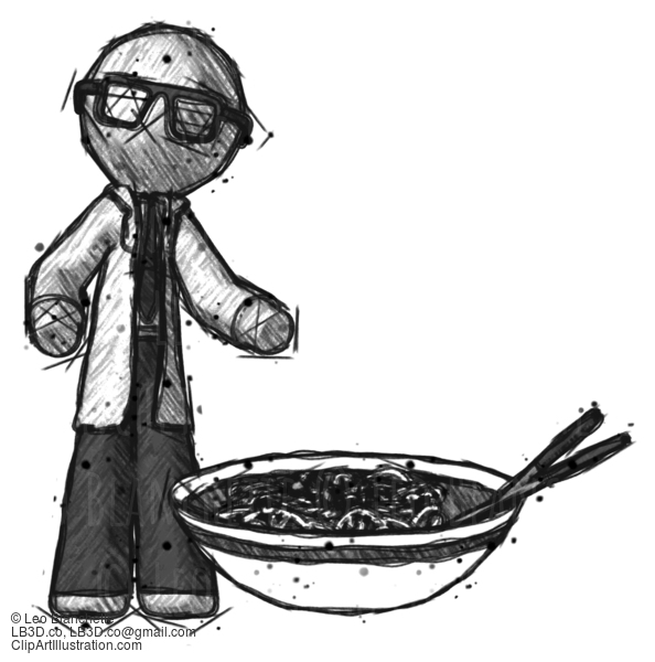 Sketch Doctor Scientist Man And Noodle Bowl, Giant Soup Restaraunt Concept #266