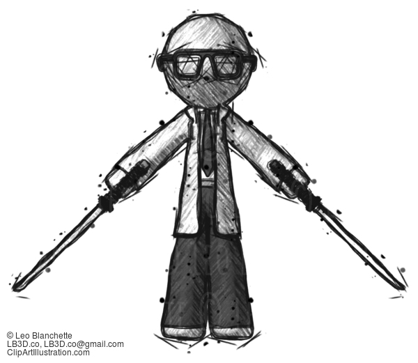 Sketch Doctor Scientist Man Posing With Two Ninja Sword Katanas #269