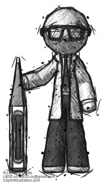 Sketch Doctor Scientist Man Standing With Large Thermometer #284