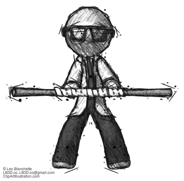 Sketch Doctor Scientist Man Bo Staff Kung Fu Defense Pose #288