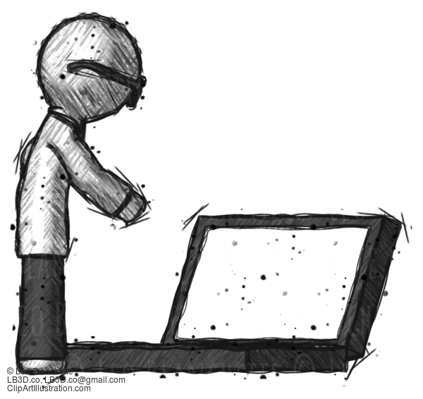 Sketch Doctor Scientist Man Using Large Laptop Computer Side Orthographic View #296