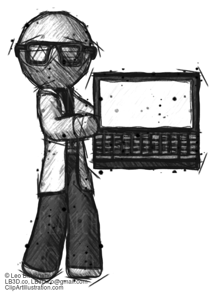 Sketch Doctor Scientist Man Holding Laptop Computer Presenting Something On Screen #316