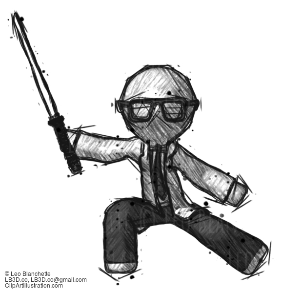 Sketch Doctor Scientist Man With Ninja Sword Katana In Defense Pose #326