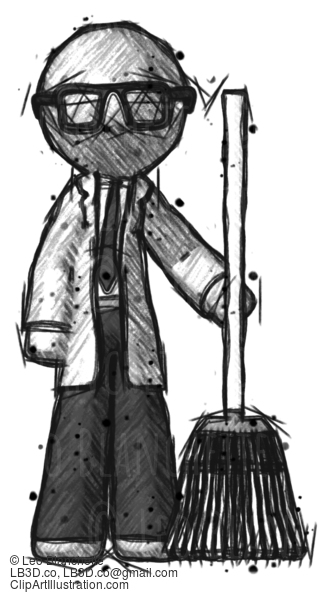 Sketch Doctor Scientist Man Standing With Broom Cleaning Services #347