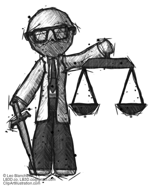 Sketch Doctor Scientist Man Justice Concept With Scales And Sword, Justicia Derived #359