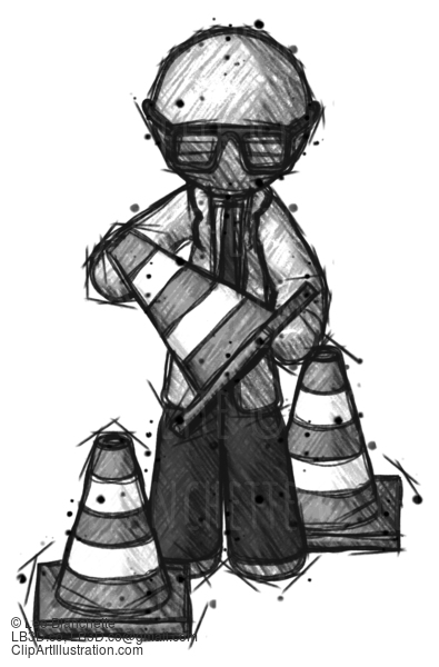 Sketch Doctor Scientist Man Holding A Traffic Cone #66