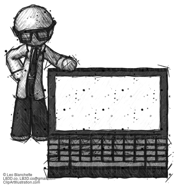 Sketch Doctor Scientist Man Beside Large Laptop Computer, Leaning Against It #67