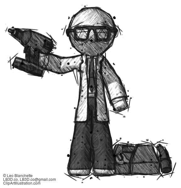 Sketch Doctor Scientist Man Holding Drill Ready To Work, Toolchest And Tools To Right #69