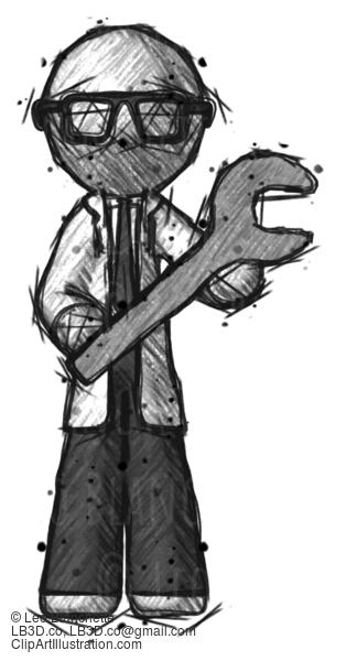 Sketch Doctor Scientist Man Holding Large Wrench With Both Hands #74