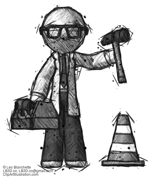 Sketch Doctor Scientist Man Under Construction Concept, Traffic Cone And Tools #83