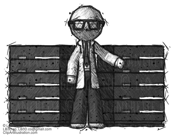 Sketch Doctor Scientist Man With Server Racks, In Front Of Two Networked Systems #88