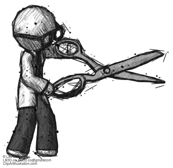 Sketch Doctor Scientist Man Holding Giant Scissors Cutting Out Something #90