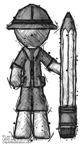 Sketch Explorer Ranger Man With Large Pencil Standing Ready To Write #14989