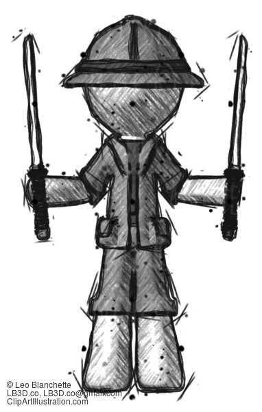 Sketch Explorer Ranger Man Posing With Two Ninja Sword Katanas Up #15004