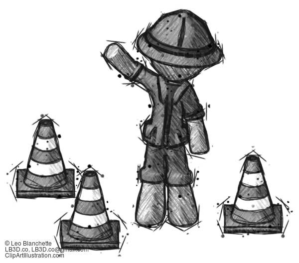 Sketch Explorer Ranger Man Standing By Traffic Cones Waving #15009