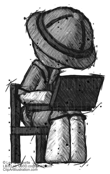 Sketch Explorer Ranger Man Using Laptop Computer While Sitting In Chair Angled Right #15010