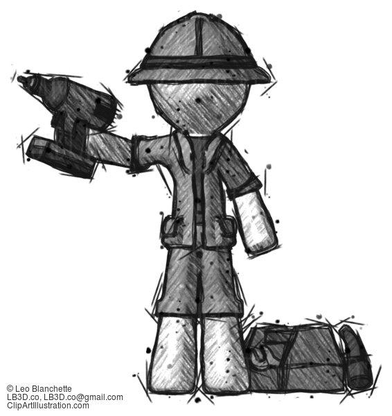 Sketch Explorer Ranger Man Holding Drill Ready To Work, Toolchest And Tools To Right #15045