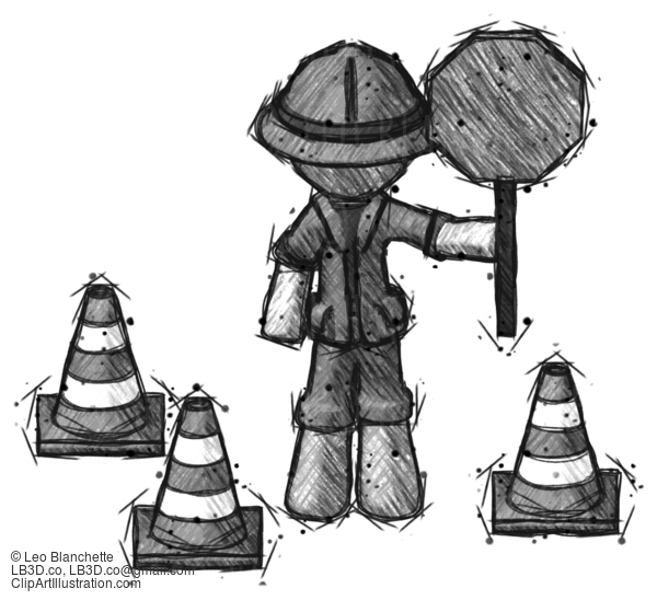 Sketch Explorer Ranger Man Holding Stop Sign By Traffic Cones Under Construction Concept #15093