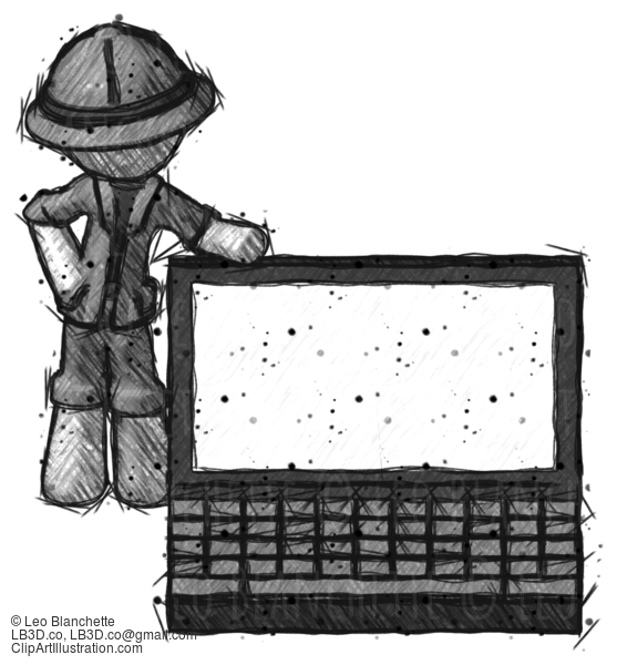 Sketch Explorer Ranger Man Beside Large Laptop Computer, Leaning Against It #15097