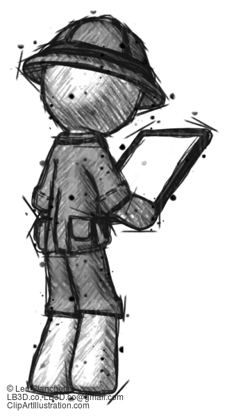 Sketch Explorer Ranger Man Looking At Tablet Device Computer Facing Away #15109