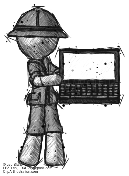 Sketch Explorer Ranger Man Holding Laptop Computer Presenting Something On Screen #15121