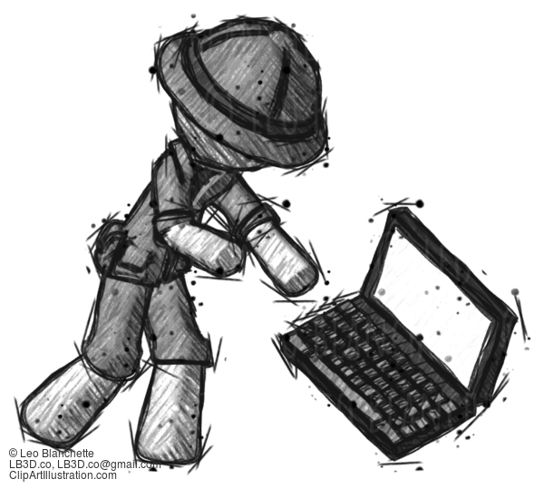 Sketch Explorer Ranger Man Throwing Laptop Computer In Frustration #15129