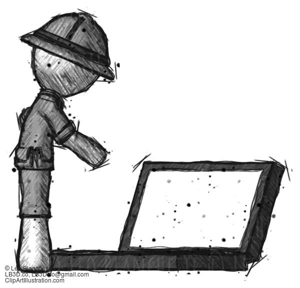 Sketch Explorer Ranger Man Using Large Laptop Computer Side Orthographic View #15142