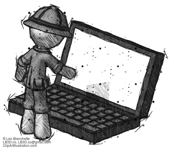 Sketch Explorer Ranger Man Using Large Laptop Computer #15204