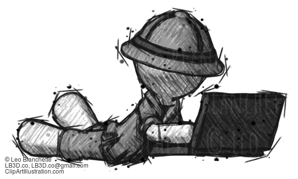 Sketch Explorer Ranger Man Using Laptop Computer While Lying On Floor Side Angled View #15231