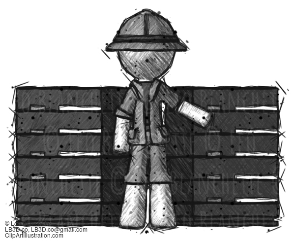 Sketch Explorer Ranger Man With Server Racks, In Front Of Two Networked Systems #15243