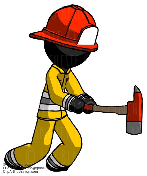 Black Firefighter Fireman Man With Ax Hitting, Striking, Or Chopping #13487