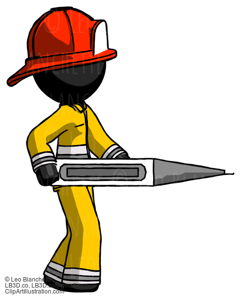 Black Firefighter Fireman Man Walking With Large Thermometer #13488