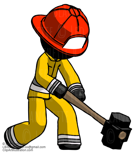 Black Firefighter Fireman Man Hitting With Sledgehammer, Or Smashing Something At Angle #13499