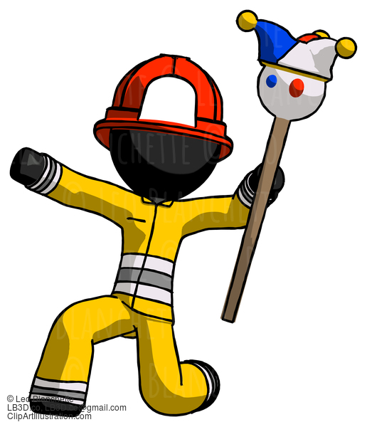 Black Firefighter Fireman Man Holding Jester Staff Posing Charismatically #13502