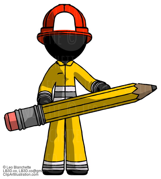 Black Firefighter Fireman Man Writer Or Blogger Holding Large Pencil #13504