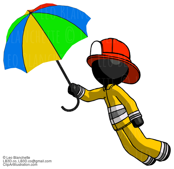 Black Firefighter Fireman Man Flying With Rainbow Colored Umbrella #13509